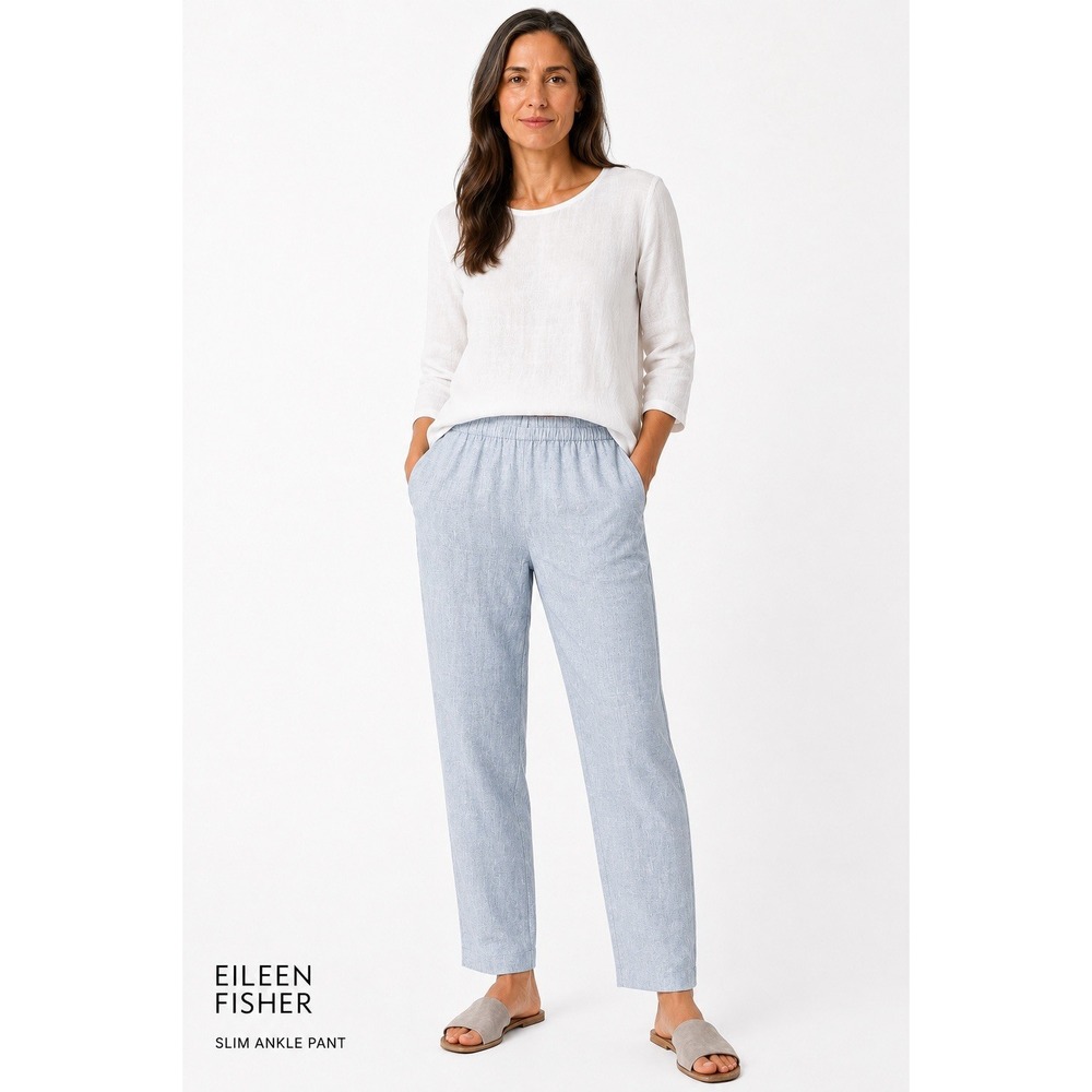 eileen fisher organic linen pants Xl Blue Chambray Elastic Waist Pockets Pull On